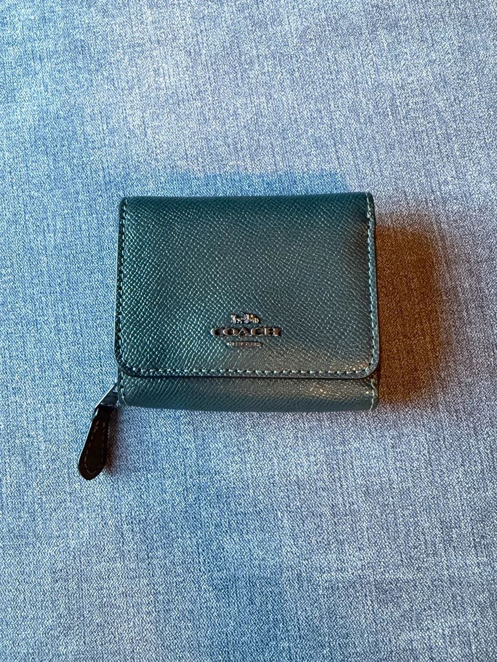 Dark Green Coach Crossgrain Leather Small Trifold Wallet